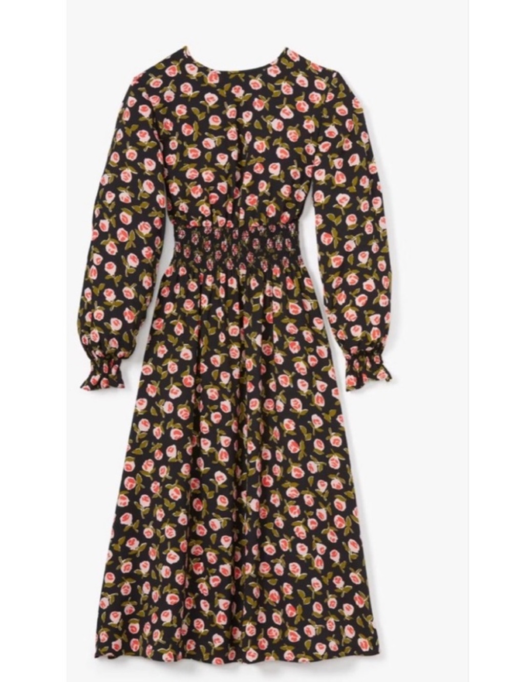 Kate Spade ♠️ Black Floral Long-Sleeve Smocked Waist Midi Dress - Picture 2 of 7